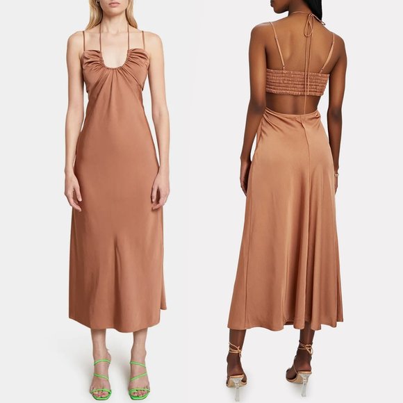 A.L.C. Sienna Halter Neck Strappy Slip Midi Dress 0 Rawhide Tan Satin XS NEW - Picture 1 of 9